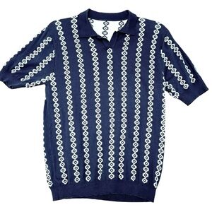 Vintage Navy and White Patterned Men's Knit Polo Size S/M